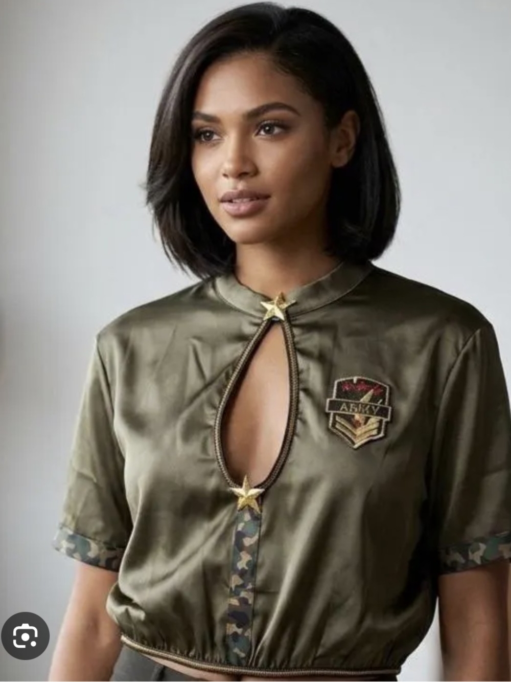 Frederick's of Hollywood Army Green Satin Keyhole Crop Top & Matching Hat